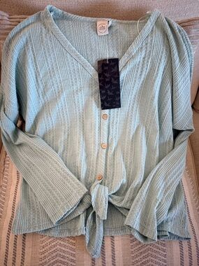Paper Crane |  Light Blue Knot-Front Waffle Knit Button Cardigan NWT
